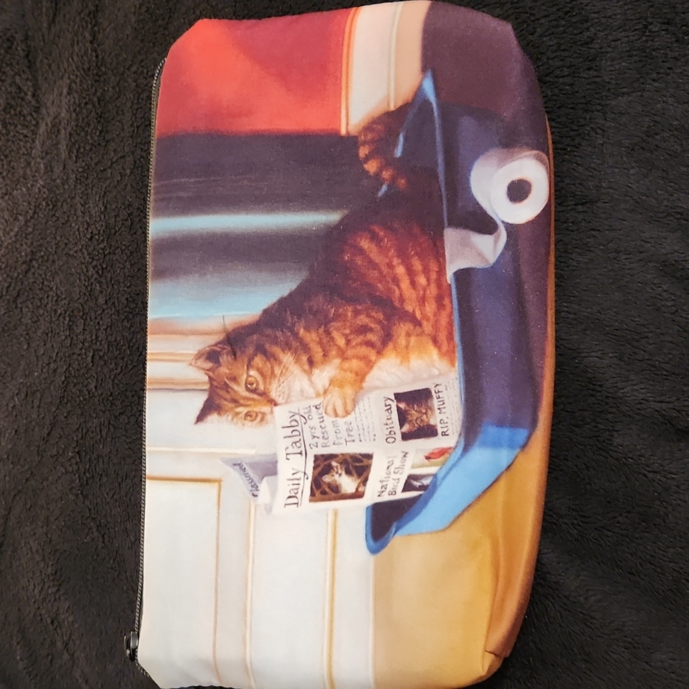NEW- Cosmetic Bag, Storage Bag - Cat reading the newspaper